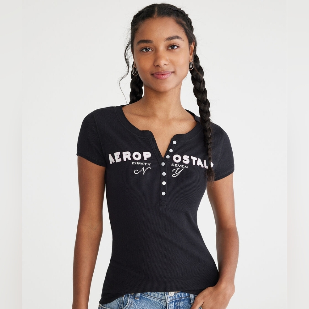 Aeropostale Eighty Seven Graphic Henley In Medium, Black